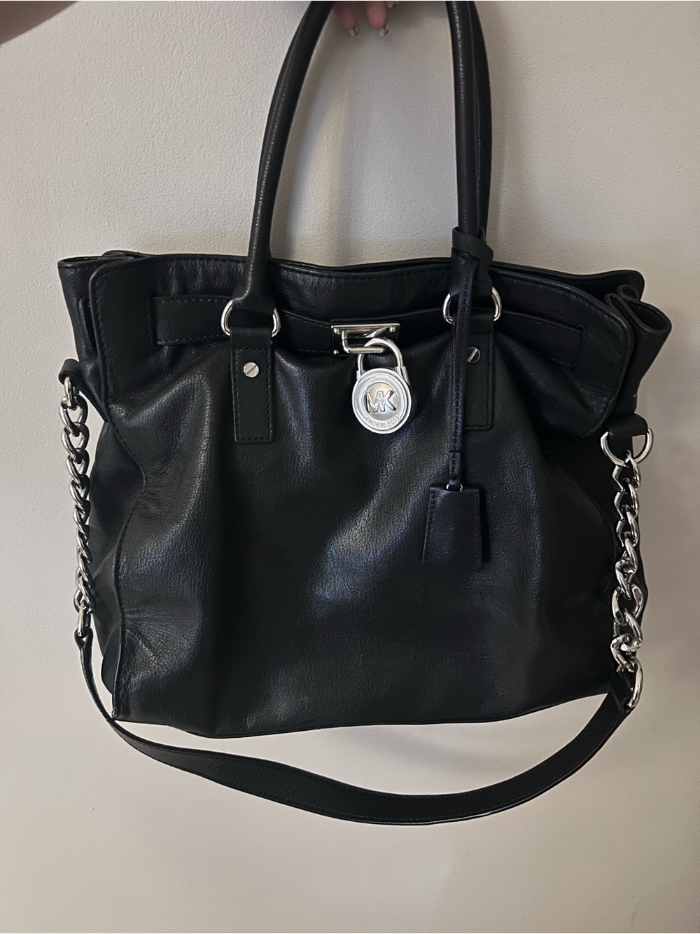 Michael Kors Black Leather Tote with Silver Chain Accent